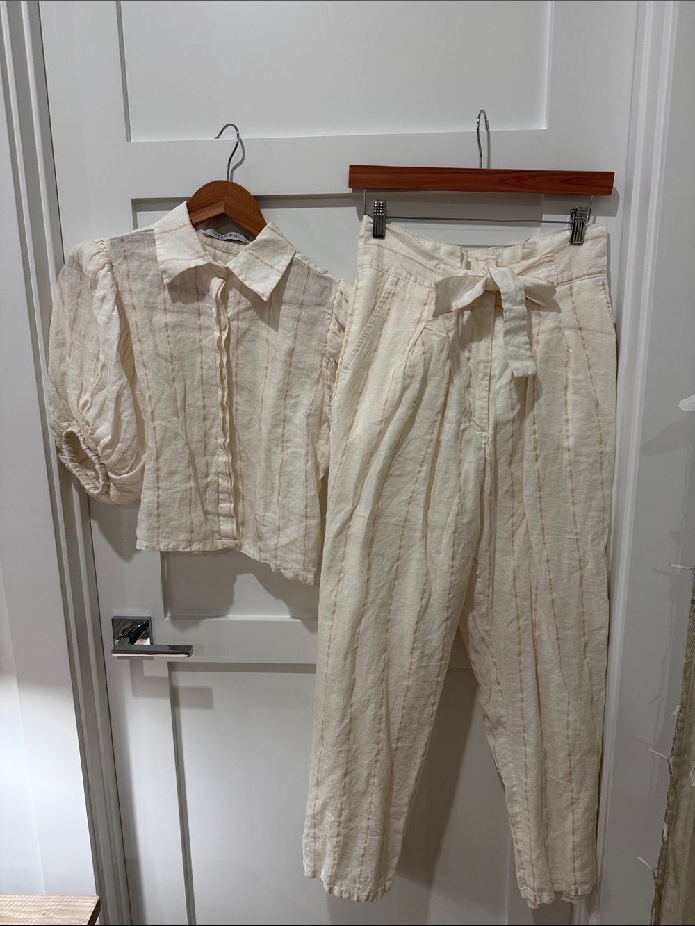 Women's Cream Linen Tie-Waist Pants & blouse SET